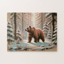 Urso Pardo na Floresta Nevada Arte em Giz Pastel