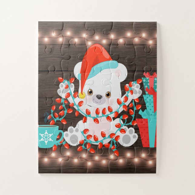 Quebra-cabeça Urso Polar Bonito com Luzes de Natal (Vertical)