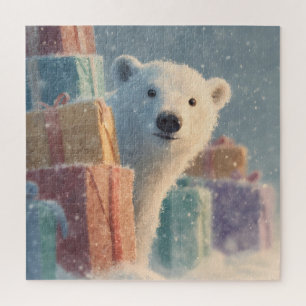Quebra-cabeça Urso Polar Espiando por trás de uma Pilha de Prese