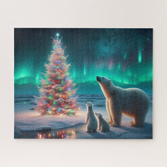 Quebra-cabeça Urso Polar Mãe Cubs Árvore De Natal Aurora Boreali (Horizontal)