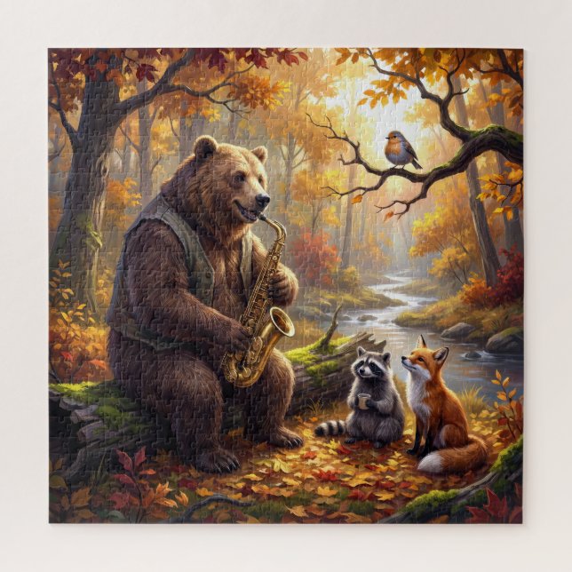 Quebra-cabeça Urso Tocando Saxofone na Floresta de Outono (Vertical)