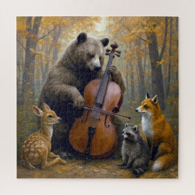 Quebra-cabeça Urso Tocando Violoncelo em Bosque de Outono (Vertical)