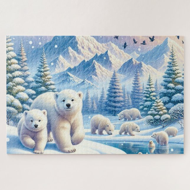 Quebra-cabeça Ursos Polares e Pintura da Cena de Inverno de Neve (Horizontal)