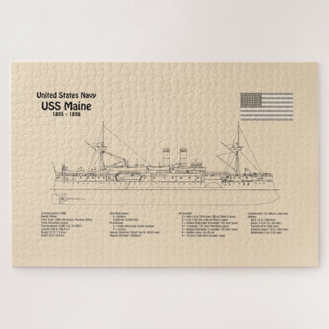 Quebra-cabeça USS Maine - Planos de Impressão Blueprint de Entre (Horizontal)