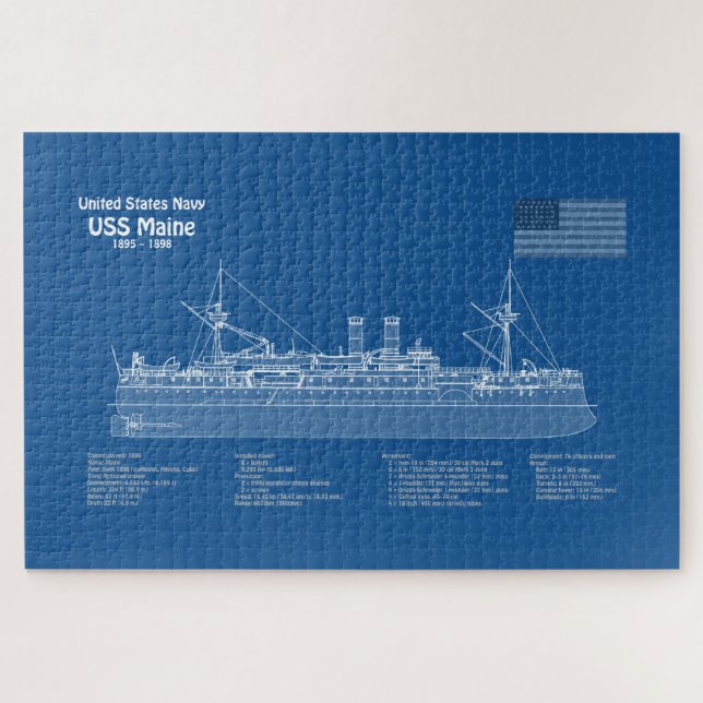 Quebra-cabeça USS Maine - Ship Blueprint Planos ABD (Horizontal)