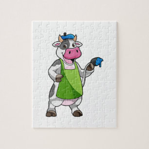 Quebra-cabeça Vaca como Pintor com Pintura e Apron