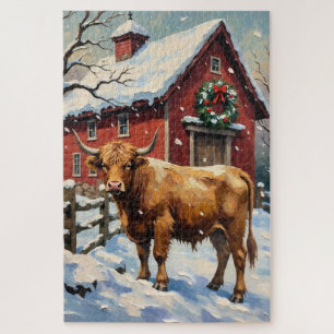 Quebra-cabeça Vaca Highland Vintage em Celeiro de Natal Nevado