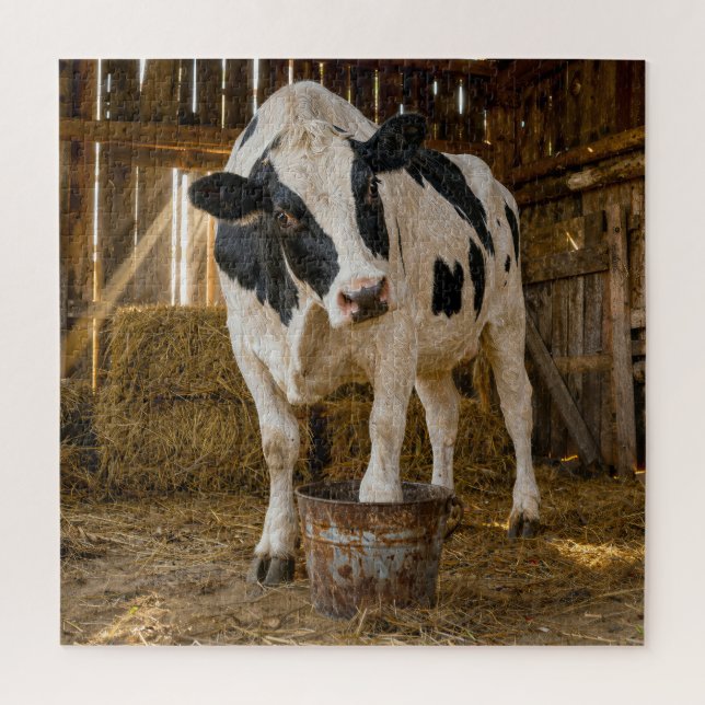 Quebra-cabeça Vaca Holstein em pé em um balde enferrujado (Vertical)