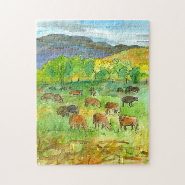 Quebra-cabeça Vacas, Pastas de Montanha, Aquarela (Vertical)