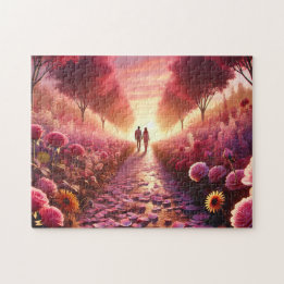 Quebra-cabeça Valentine's Sunset Flower Path Romantic Couple