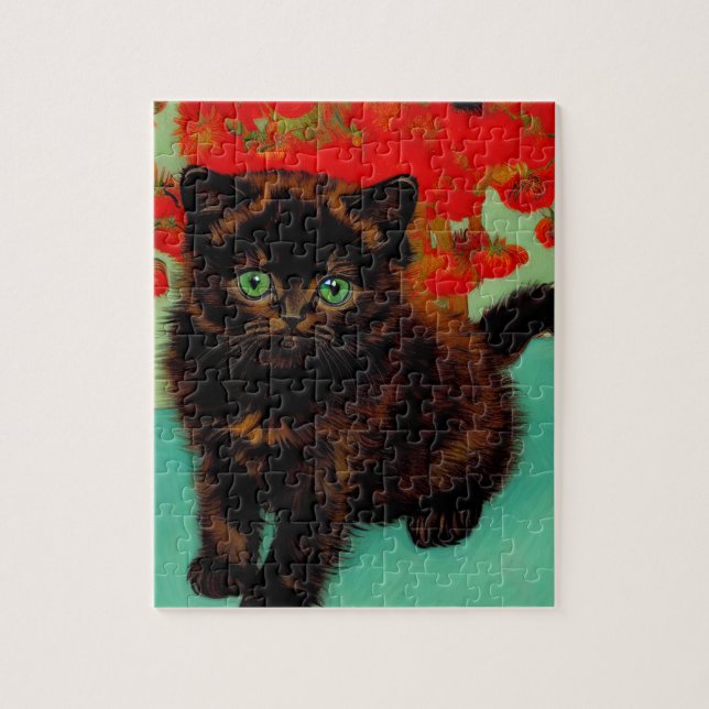 Quebra-cabeça Van Gogh Gato Preto Flores Vermelhas (Vertical)