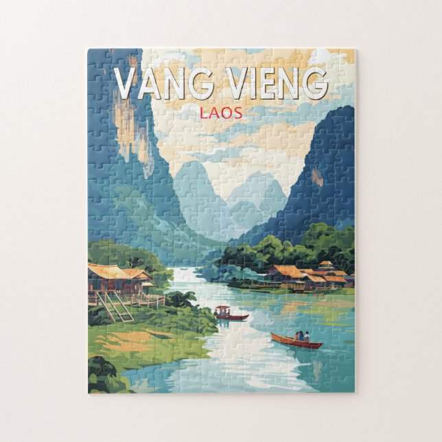Quebra-cabeça Vang Vieng Laos Viagem Art Vintage (Vertical)
