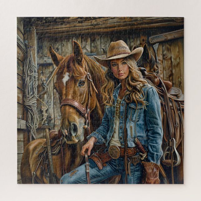 Quebra-cabeça Vaqueira Rústica em Denim com Cavalo Celeiro Ocide (Vertical)
