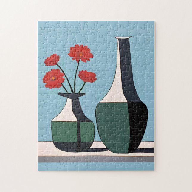 Quebra-cabeça Vases Pretas e Brancas com Flores Vermelhas (Vertical)