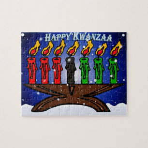 Quebra-cabeça Vela Kinara de Kwanzaa com neve e cumprimento