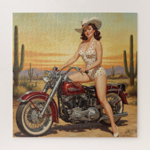 Quebra-cabeça Velha escola, Retro Pin-up Girl na moto