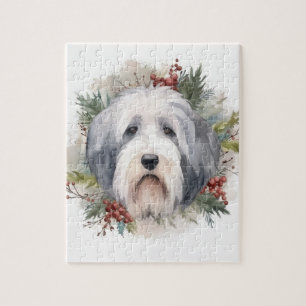 Quebra-cabeça Velha Inglês Sheepdog Christmas Wreath Festivo Pup