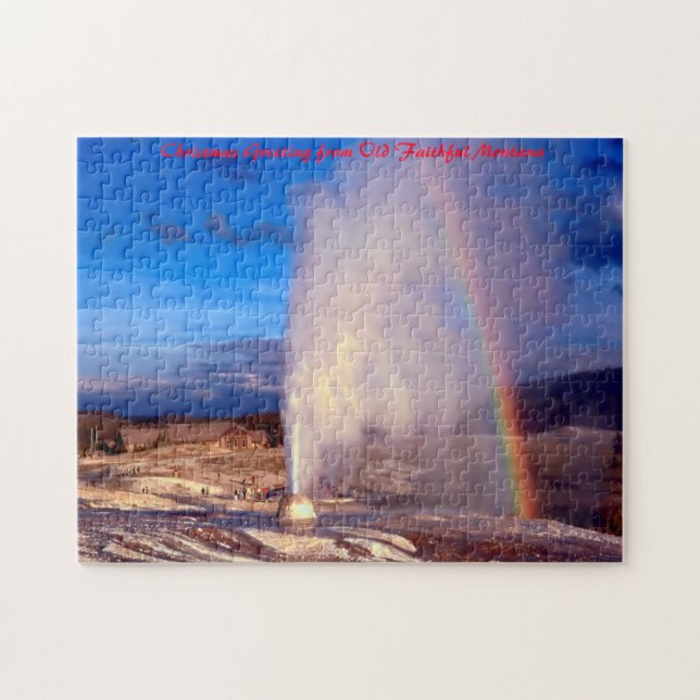 Quebra-cabeça Velho Gêiser Fiel Yellowstone. Saudação de Natal (Horizontal)