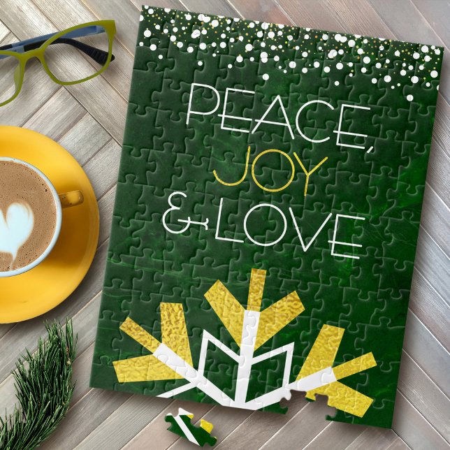 Quebra-cabeça Verde Dourado Snowflake Paz Joy Amor Citação Moder (Criador carregado)