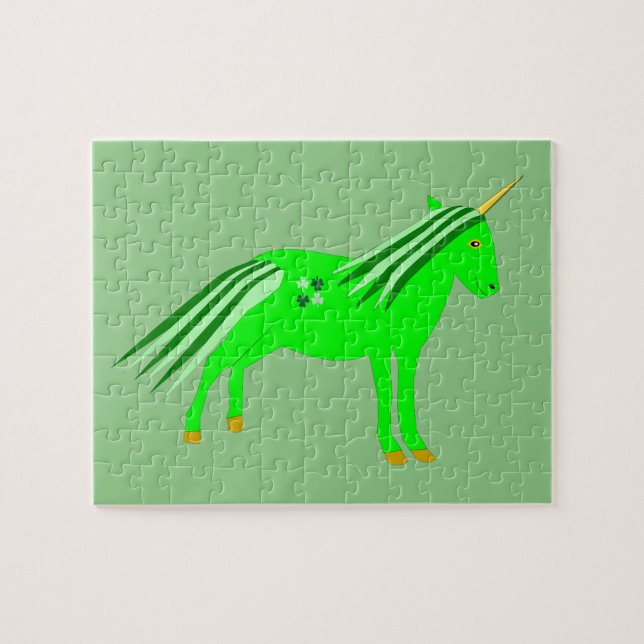 Quebra-cabeça Verde irlandês bonito e Dourado Unicórnio (Horizontal)