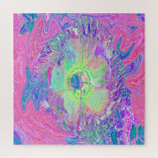 Quebra-cabeça Verde limão Psychedelic Trippy e Hibiscus roxo (Vertical)