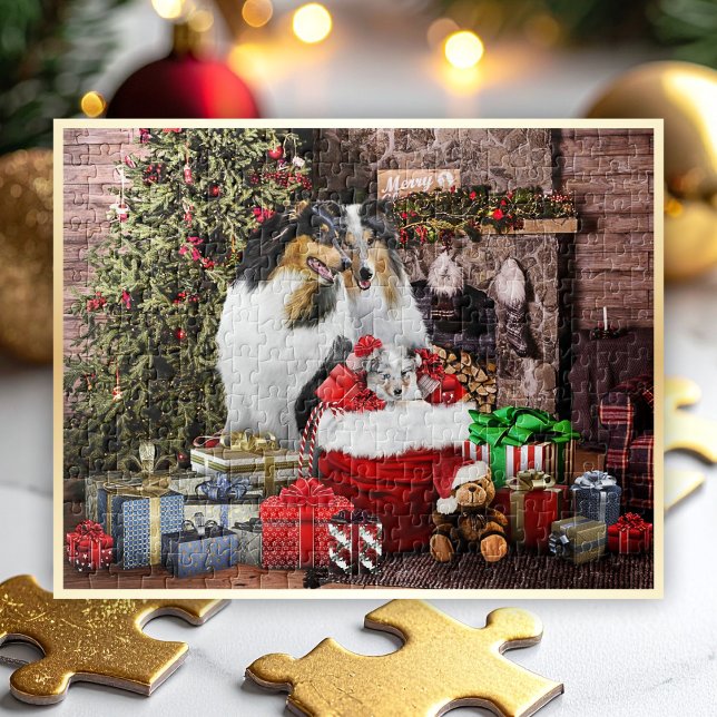 Quebra-cabeça Véspera de Natal com a Família Collie Rough. (Preview shows 14x11" Puzzle. Looks best on horizontal puzzles up to 20x16” size.)