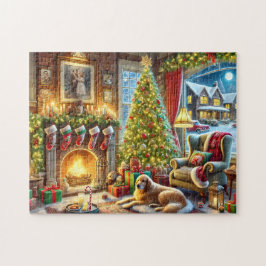 Quebra-cabeça Véspera de Natal Golden Retriever Lareira Aconcheg