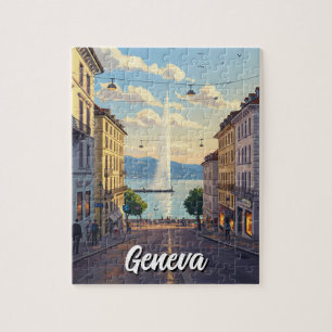 Quebra-cabeça Viagem da Suiça da rua Genebra Jet d'eau Sunset