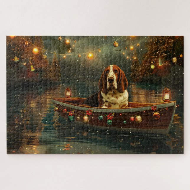 Quebra-cabeça Viagem Festiva de Natal do Basset Hound (Horizontal)