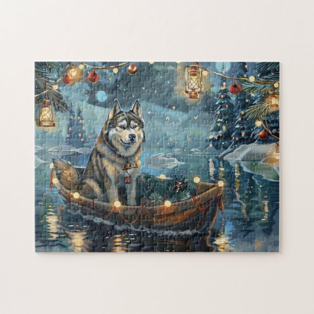 Quebra-cabeça Viagem Festiva de Natal do Malamute do Alasca (Horizontal)