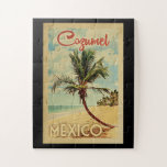 Quebra-cabeça Viagens vintage da Árvore Palm Cozumel<br><div class="desc">Um impressão de arte do século médio único,  Cozumel moderno do século ,  no estilo poster viagens vintage. Ele apresenta uma palmeira curva na praia arenosa com oceano sob um céu azul nublado.</div>