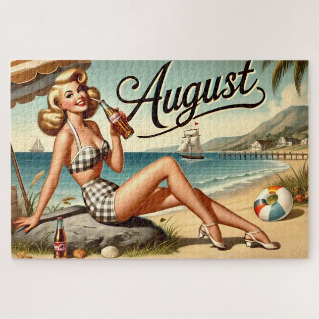 Quebra-cabeça Vibes de Pin-Up Retro de Agosto à Beira-Mar (Horizontal)