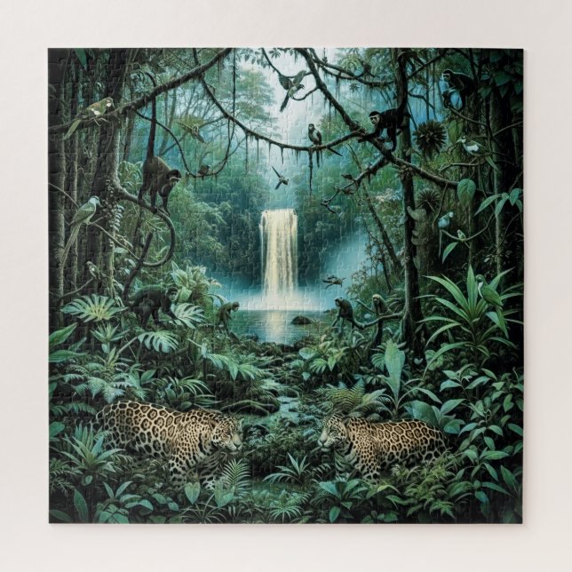 Quebra-cabeça Vibrant rainforest green foliage majestic jaguars (Vertical)