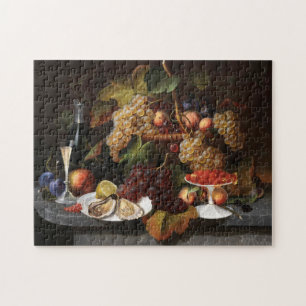 Quebra-cabeça Vida Estática com fruta, ostras e pintura de vinh