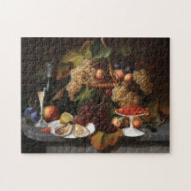 Vida Estática com fruta, ostras e pintura de vinho