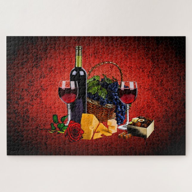 Quebra-cabeça Vidro, garrafa, queijo, uvas, tinto (Horizontal)