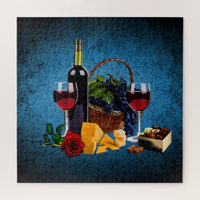 Quebra-cabeça Vidro romântico, garrafa, queijo, uvas, azul (Horizontal)