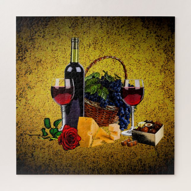 Quebra-cabeça Vidro romântico, garrafa, queijo, uvas, ouro (Horizontal)