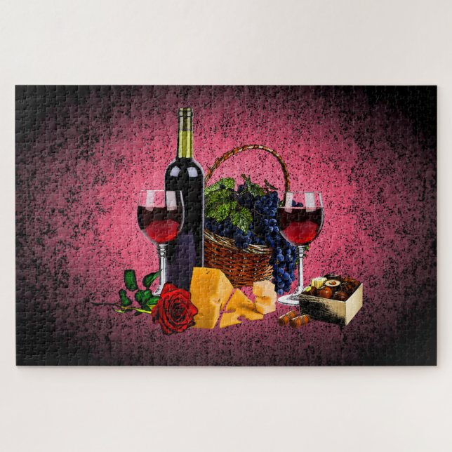Quebra-cabeça Vidro romântico, garrafa, queijo, uvas, rosa (Horizontal)