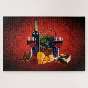 Quebra-cabeça Vidro romântico, garrafa, queijo, uvas, tinto
