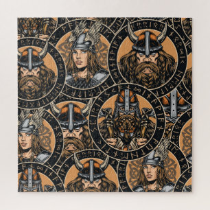 Quebra-cabeça Viking Warriors: Padrão Colorido de Vintage