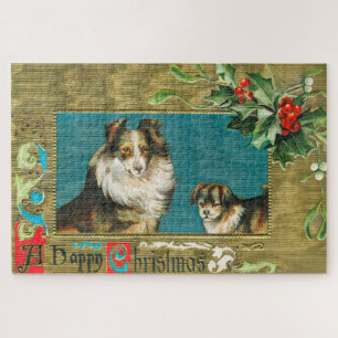 Quebra-cabeça Vintage 1908 Cães Collie Dourados Feliz Natal