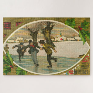 Quebra-cabeça Vintage 1909 Rapazes Ice Skating Dourado Natal