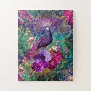 Quebra-cabeça Vintage Antique Purple and Teal Peacock 11x14