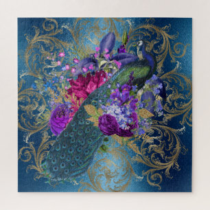Quebra-cabeça Vintage Antique Royal Blue e Teal Peacock Dourado