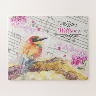 Quebra-cabeça Vintage bird on tree rosa flower decoupage