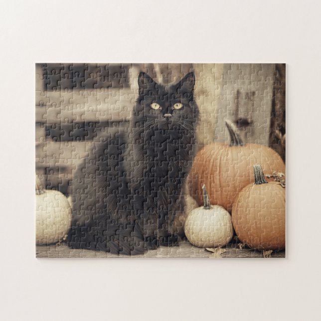Quebra-cabeça Vintage Black Cat e Pumpkins (Horizontal)
