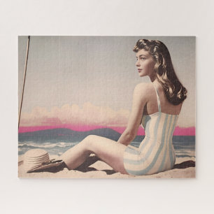 Quebra-cabeça Vintage Bonito Mulher Senta Na Areia Da Praia