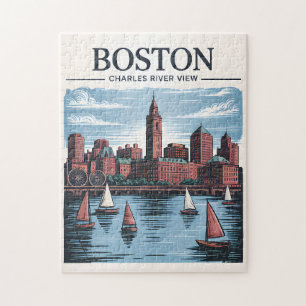 Quebra-cabeça Vintage Boston Massachusetts Cityscape & SailBotes