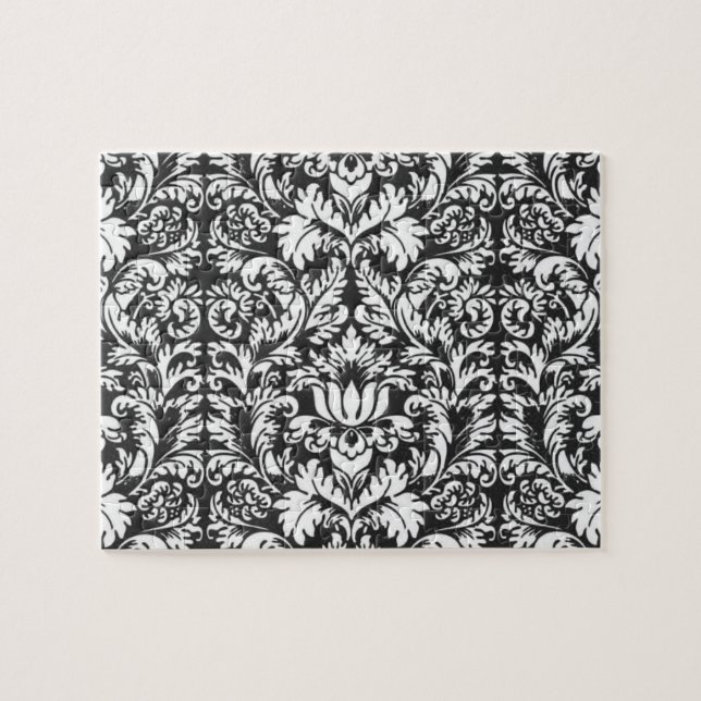 Quebra-cabeça Vintage Brocado de Renda de Damasco Preto e Branco (Horizontal)